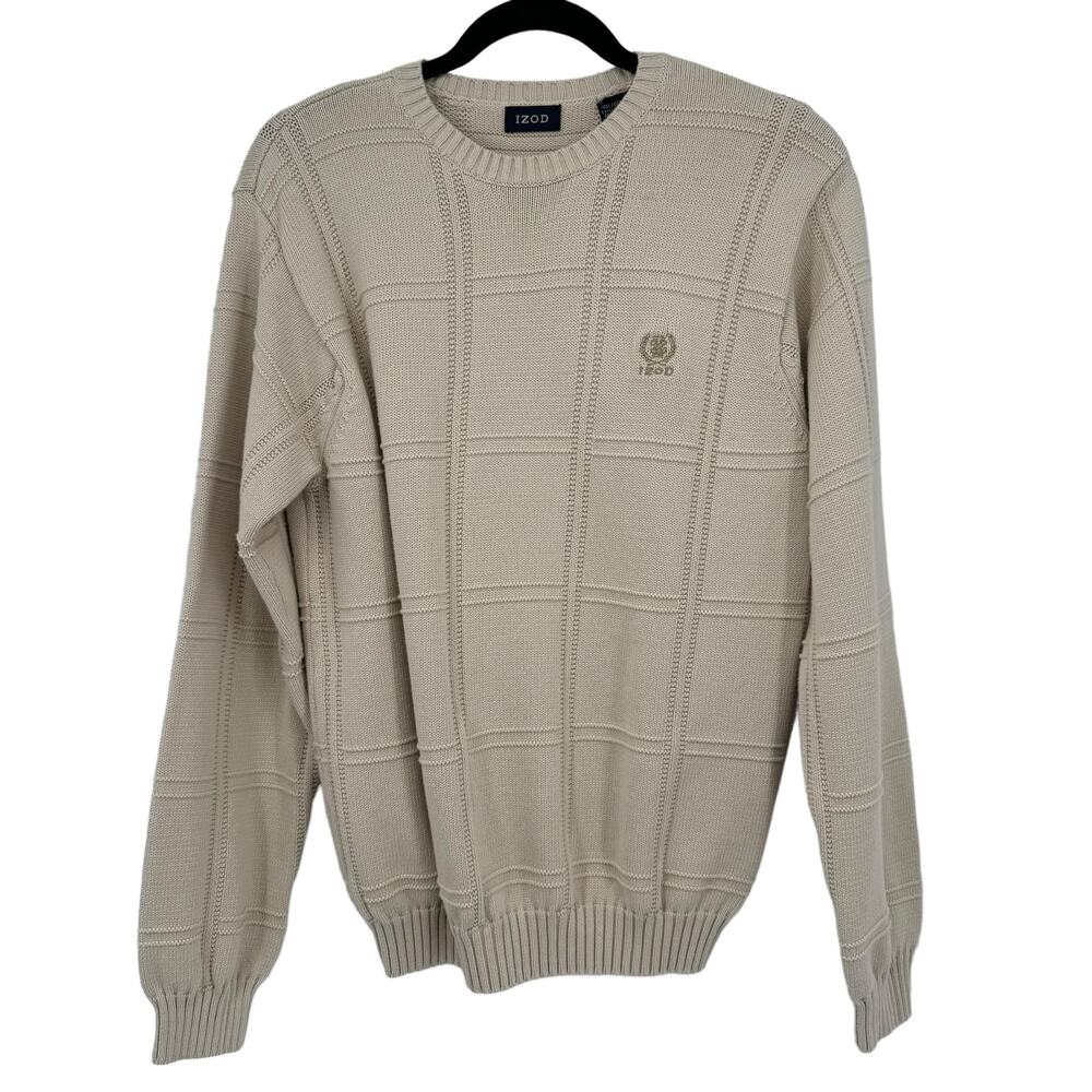 Vintage IZOD Squares Plaid Knit Sweater M Cream Cotton Crew Neck Preppy Pullover